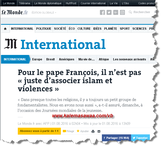 pape Francois refuse l'amalgame entre Islam violences